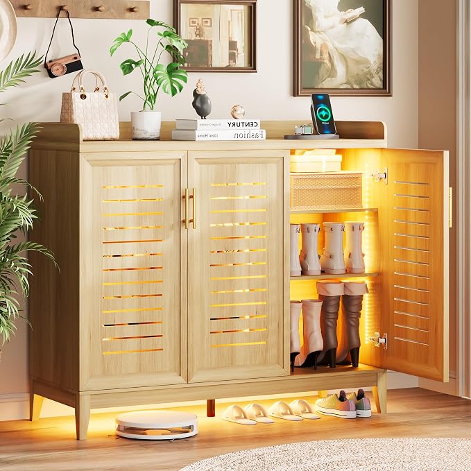 Vlsrka Shoe Storage Cabinet with Shutter Doors and Adjustable Shelves | 6 Tier Wooden Shoe Organizer, Large Capacity, Human Sensor Lighting, 180° Rotating, for Entryway, Hallway, Living Room, Wood