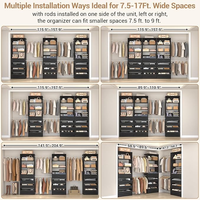 Aheaplus Closet System with 12 Drawers, 8.5-11.5Ft Wood Closet Organizer System with 4 Hanging Rods & 3 Towers, 4Ft & 6Ft L-Shaped Walk-in Closets Wardrobe Organizer Clothes Rack, Set of 3, Black