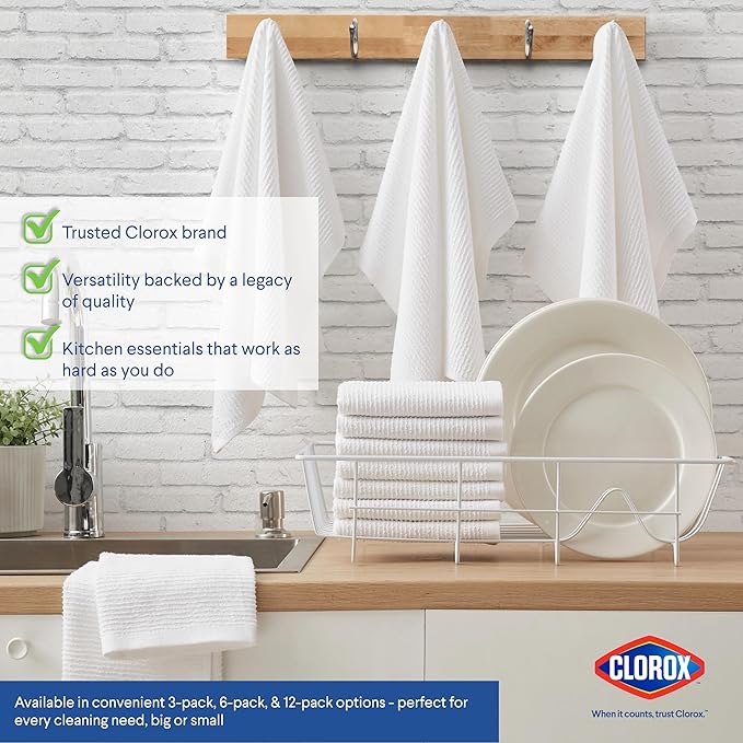 CLOROX Ribbed Bar Mops - 100% Cotton Quick Dry Extra Large Dishcloths - Absorbent Multipurpose Cleaning Cloths for Restaurants, Kitchen, Bathroom, Hotel - 16" x 19" - White 3 Pack