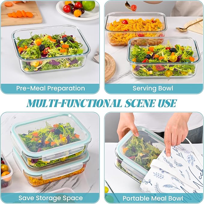 LOVYANXUE 2Pack 9.8 Cups/ 78 Oz Large Glass Food Storage Containers with Lids, Glass Meal Prep Containers with Airtight Lids - BPA Free, Leakproof, Ideal for Food Storing/Serving, Microwave/Oven Safe