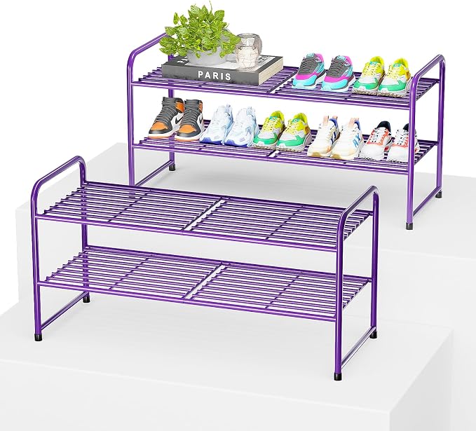 2 Pack Shoe Rack, 2-Tier Metal Stackable Shoe Shelf Storage Organizer, Heavy Duty Wire Shoe Stand for Entryway, Closet, Hallway, Holds 50 LBS, Purple