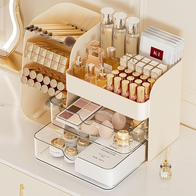 Booklov Small Makeup Organizer for Vanity Countertop, Cream | Clear Acrylic Cosmetic Display Case, Beauty Brush Holder for Bathroom Counter, Make Up Skincare Lipsticks Storage