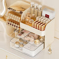 Booklov Small Makeup Organizer for Vanity Countertop, Cream | Clear Acrylic Cosmetic Display Case, Beauty Brush Holder for Bathroom Counter, Make Up Skincare Lipsticks Storage
