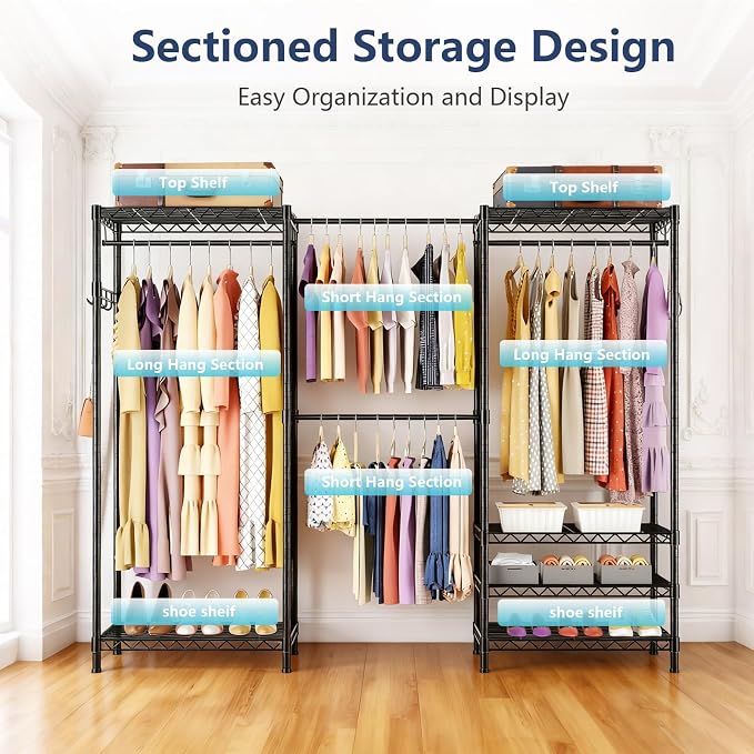 Heavy Duty Closet Garment Rack, Metal Clothes Racks Wardrobe with Shelf | 6 Tiers Adjustable Metal Freestanding Expandable Clothing Storage with 4 Hanger Rods, 71.4"H x (70"-88.2") L x 14"D, Black