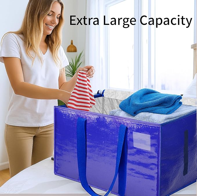 12 Pack-Extra Large Heavy Duty Moving Bags - Waterproof Storage Totes with Handles & Zippers, Foldable for College Dorm, Storage (Blue)
