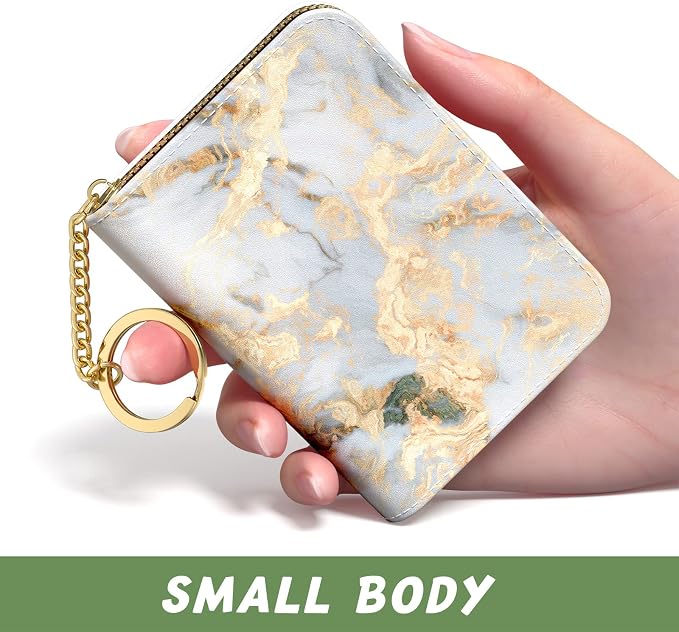 Aiawoxc Credit Card Holder for Women, Small RFID Wallet Slim Leather Card Organizer Case with Zipper and Keychain, Grey Marble