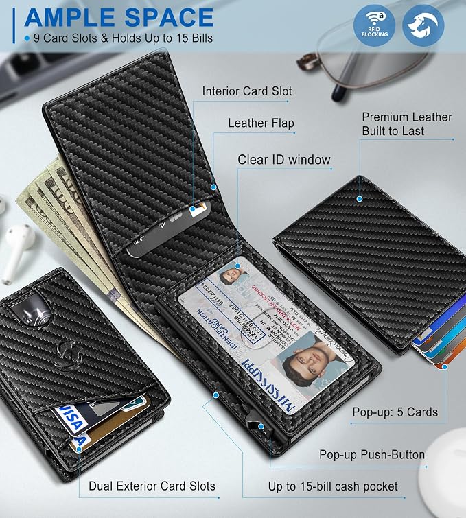 Wallet for Men, Slim Pop Up Card Holder with RFID Blocking, Minimalist Bifold Wallet with 9 Card Slots, ID Window and Cash Pocket, Metal Flip Case with Magnetic Closure, Gift Box