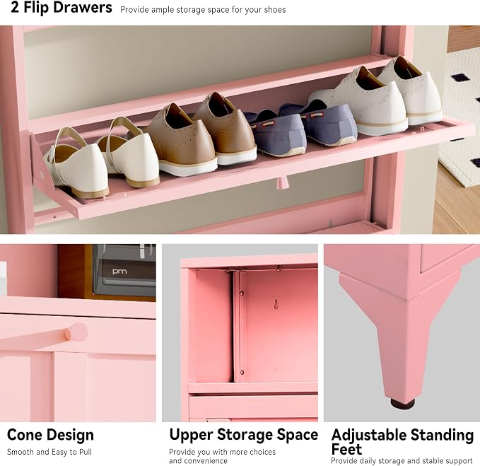 Shoe Cabinet with 2 Flip Drawers and Open Top Space-Metal Narrow Shoe Rack for Entryway,Hallway,Living Room-Hidden Metal Shoe Cabinet-Freestanding Shoe (2 Door, Pink)