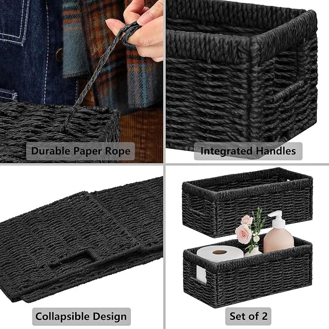 Vagusicc Wicker Storage Basket, Set of 2 Hand Woven Wicker Baskets for Organizing with Handles, Decorative Small Storage Bins for Countertop Toilet Paper Basket for Toilet Tank Top, Shelves, Black
