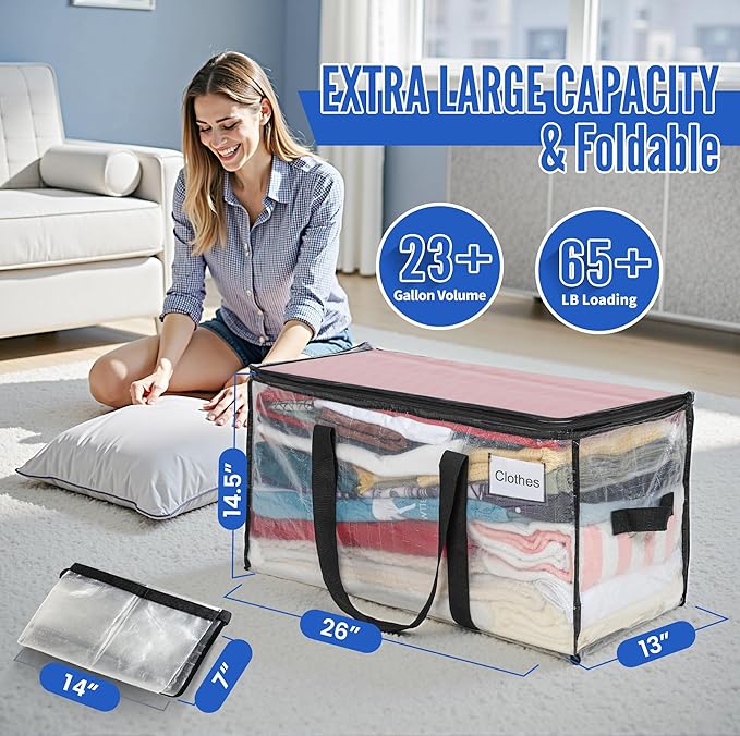 BAGAIL Heavy Duty Moving Bags with Strong Handle, Extra Large Moving Boxes, Storage Tote for Clothes, College Moving Supplies(Clear, 8 Pack)
