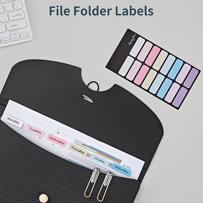 JARLINK 7 Pockets Expanding File Folder, A4 Accordion folders, Black | Accordion File Folders with 12 Labels, Portable Document Organizer for Home, College, School, and Office Supplies