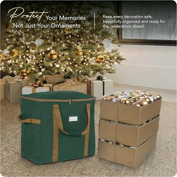 Covermates Keepsakes Adjustable Ornament Storage Bag – Heavy-Duty Polyester, Padded Dividers & FlexGrid Trays – Protective Holiday Ornament Organizer with Handles & Label Window, Green