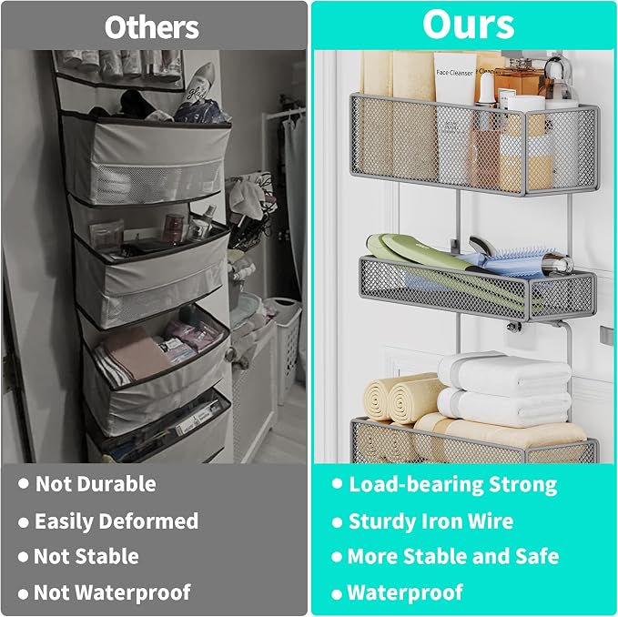 HapiRm Over Door Organizer Hanging - 6 Tier Over The Door Storage with Visual Pockets & Hooks, with 4 Metal Large Capacity Baskets for Bathroom Bedroom Kitchen Pantry Cabinet(Grey)