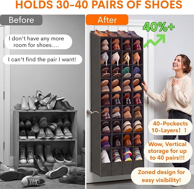 Ofiray-home Over the Door Shoe Organizer, 30-40 Pairs | Large & Deep Pockets, Fits Boots, Sneakers or Larger Shoes, Space-Saving, For Bedroom, Small Closet, Entryway