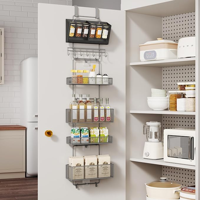 HapiRm Over Door Organizer Hanging - 6 Tier Over The Door Storage with Visual Pockets & Hooks, with 4 Metal Large Capacity Baskets for Bathroom Bedroom Kitchen Pantry Cabinet(Grey)