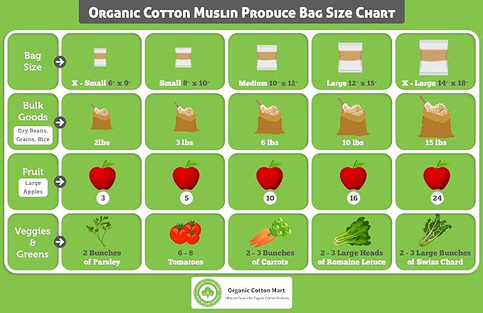 Food Grade Bulk Storage Bags - 6 Pack, XL Size, 100% Organic Cotton Drawstring Closure - Reusable, Washable, All-Natural Muslin Produce Flour Sack Cloth Bags for Grains (6 X-Large” 14”x18”)