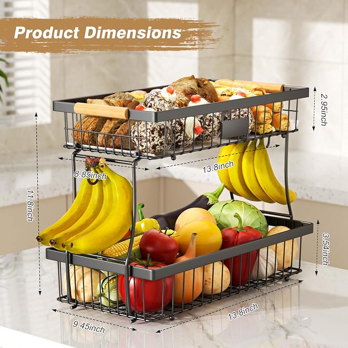2-Tier Fruit Basket with Banana Hangers, Black Standing Storage Rack | Metal, Wooden handle, Removable Design, Tool-Free Assembly, Versatile Kitchen Countertop Organizer, Vegetables, Seasonings