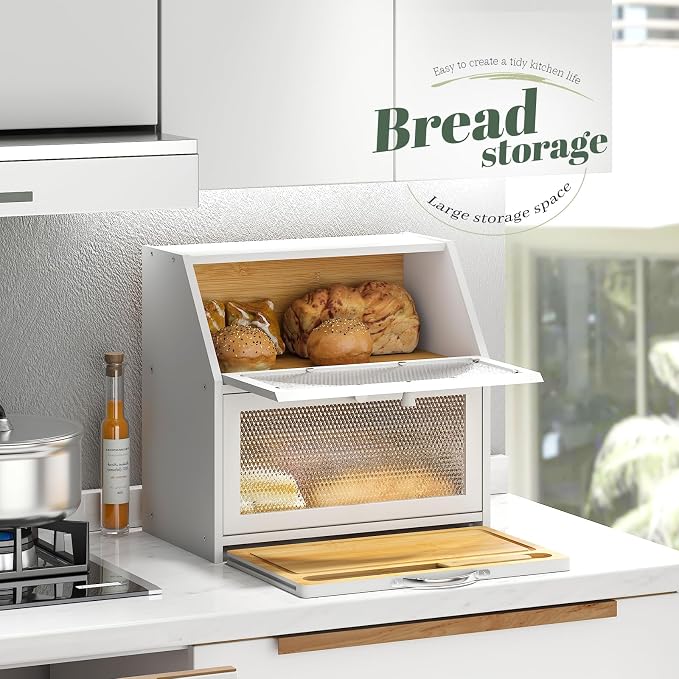 STDDRE Bamboo Bread Box with Cutting Board, Double Layer Extra Large Bread Storage Bin with Door Panel for Kitchen Counter (White)