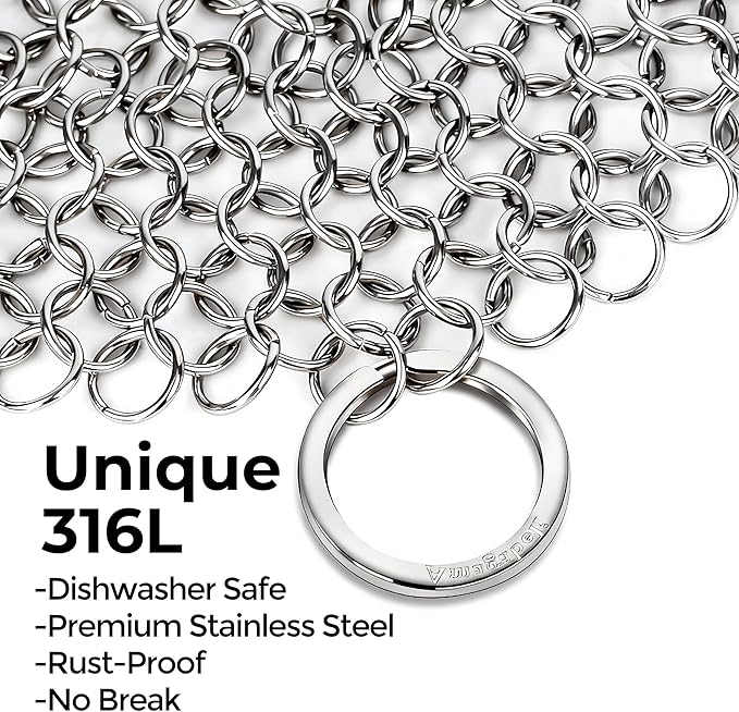 AMAGABELI GARDEN & HOME 8”x8” 316L Cast Iron Cleaner Stainless Steel Chainmail Scrubber for Cast Iron Pan Skillet Cleaner Dishes Pot Dutch Oven Wok Grills
