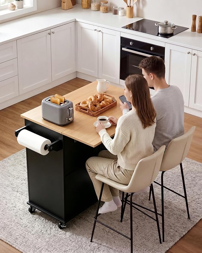 VEVOR Kitchen Island Cart with Storage, 43.58 in Wide Mobile Rolling Storage Island on Swivel Wheels, with 2 Drawers, Storage Cabinet, Drop Leaf, Spice/Towel Rack, Table for Home Dining Room, Black