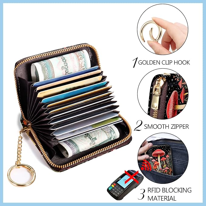 Blusabaca Women Credit Card Holder, Small RFID Wallet with Wristlet Strap | Mushroom, Removable Keychain, Case Zipper, PU Leather, Cash Coin Pocket, Business Purse with Key Lanyard, Ladies Female Gift