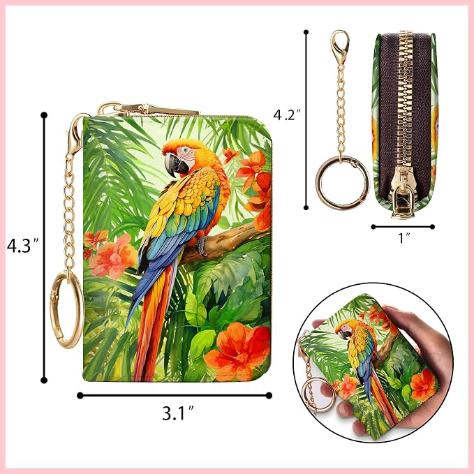 Blusabaca RFID Credit Card Holder Small Women Travel Wallet, Parrot Bird | Removable Keychain, Case with Zipper, Vegan PU Leather, Cash Coin Pocket, Business Accordion Purse, Ladies Female Gift
