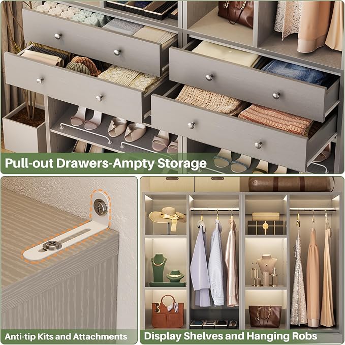 Besiost Small Closet System, 28"/2.3 FT Wood Closet Organizer System with Drawers and Shelves, Walk-in Closet Systems for Small Closets, Free Standing Reach in Closets Tower, Morandi Grey