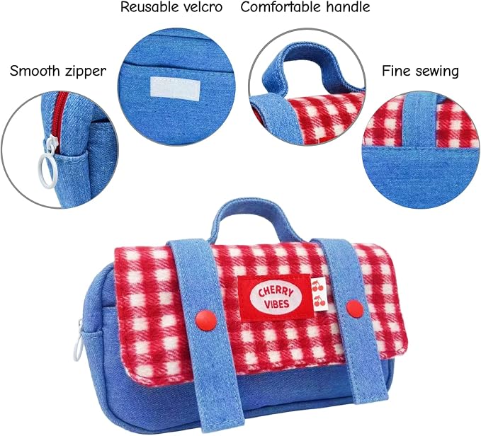 Cute Checkered Pencil Case, Red White Plaid with Denim Patchwork, Large Capacity Gingham Pattern Pen Bag with Handle, Big Stationery Organizer, Multi-Use Storage Pouch, 8.7x1.6x4.7 Inches, Blue