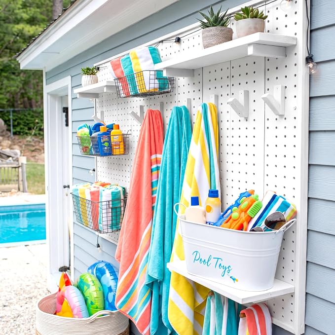 Blulu 10.6"x4.7" Pool Toy Storage Bucket Metal Poolside Basket Above Ground Pool Bin Summer Basket Outdoor Storage for Sunscreen Goggles Flip Flop Spf Swimming Camping Beach Accessories Decor