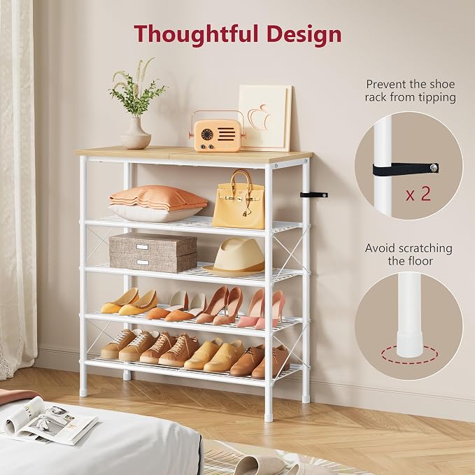 Tajsoon 5 Tier Shoe Rack Organizer for 16-20 Pairs of Shoes, Metal Mesh Shoe Shelf for Closet, Industrial Shoe Rack for Entryway Shoe Storage with X Shape Fixed Frame, White & Log