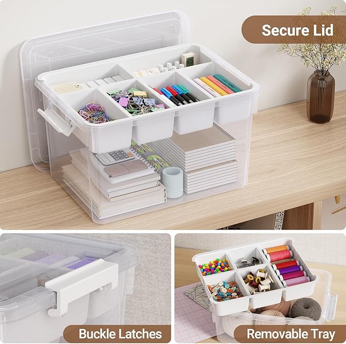 160Qt Large Stackable Storage Bins with Lids & Trays, Clear Plastic Latching Boxes Organizers with Dividers Portable 40Gal Containers for Arts & Crafts, Home and Car Trunk Organization, 4Pack