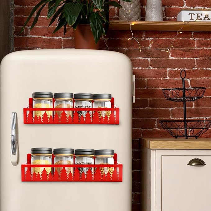 JarThenaAMCS 2Pcs Christmas Magnetic Spice Rack for Refrigerator Red Xmas Tree Metal Basket Shelf Seasoning Storage Organizer Holder for Home Kitchen Fridge Decor Accessories