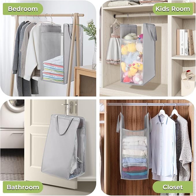 FENTEC Fentec Hanging Laundry Hamper, Hanging Laundry Basket, Slim Laundry Hamper Bag with Handles, Portable Hanging Closet Hamper, Mesh Heavy Duty Hanging Laundry Bag (Grey,1 Pack)