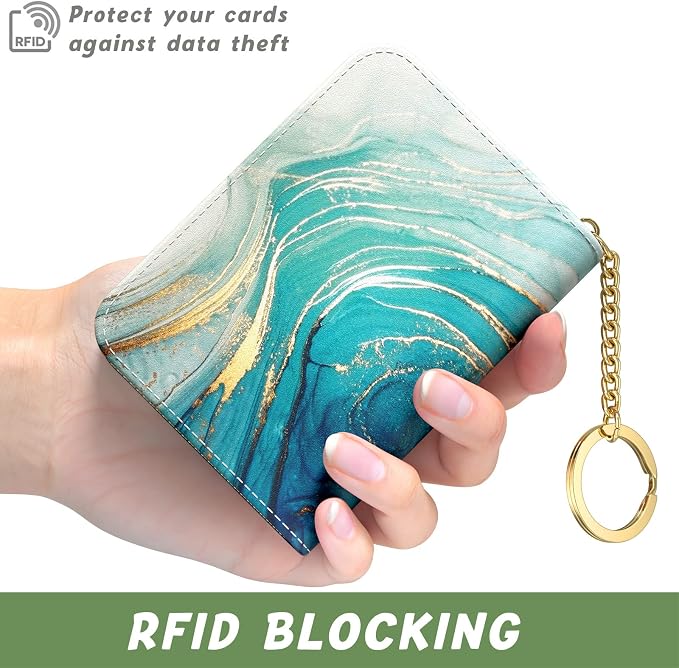 Aiawoxc Credit Card Holder for Women, Small RFID Wallet Slim Leather Card Organizer Case with Zipper and Keychain, Cyan Marble