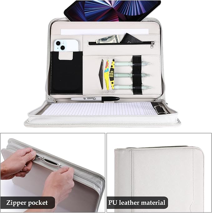 ProCase Portfolio Business Padfolio Folder with Zipper -Grey | Conference Meeting Executive File Legal Document Organizer with Pockets Letter Size A12 Writing Pad Notepad Padfolio