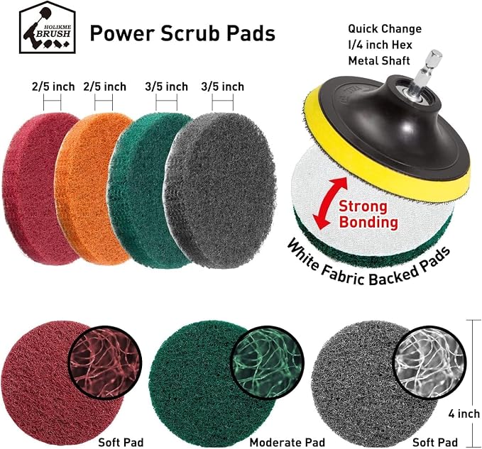 Holikme 40 Piece Drill Brush Attachment Set Scrub Pads Scouring Pads Power Scrubber Brush with Extend Long Attachment All Purpose Clean for Car Detailing，Grout, Tiles, Bathroom, Kitchen | 11 nylon brushes, 20 scouring pads, 5 sponges, 2 wool pads, 4-in...