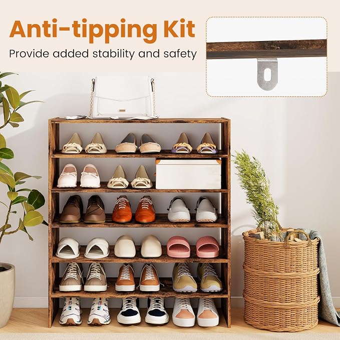 COSTWAY 6-Tier Shoe Rack, Extra Wide Shoe Shelf Organizer with Stackable Design, 31" Freestanding Adjustable Storage Shoe Stand for Small Space Entryway Hallway Closet (2,Rustic Brown)