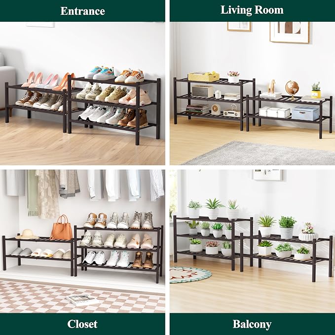 Smiry Bamboo Shoe Rack for Closet, 2 Tier Wooden Shoe Organizer, Stackable Wood Shoe Storage Shelf for Entryway, 14 Vertical Slats, One-piece Heavy-Duty Legs, 26.77"x11.02"x12.99", Brown