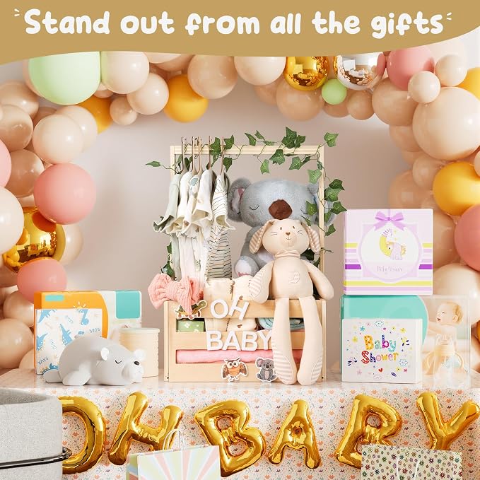 Baby Shower Gifts Basket Wooden Crate, Personalized Wooden Letters and Baby Clothes Hangers New Born Baby Girl Boy Gifts Vine Decorations Cute Closet with Handle Pregnancy Gifts for New Mom Parents