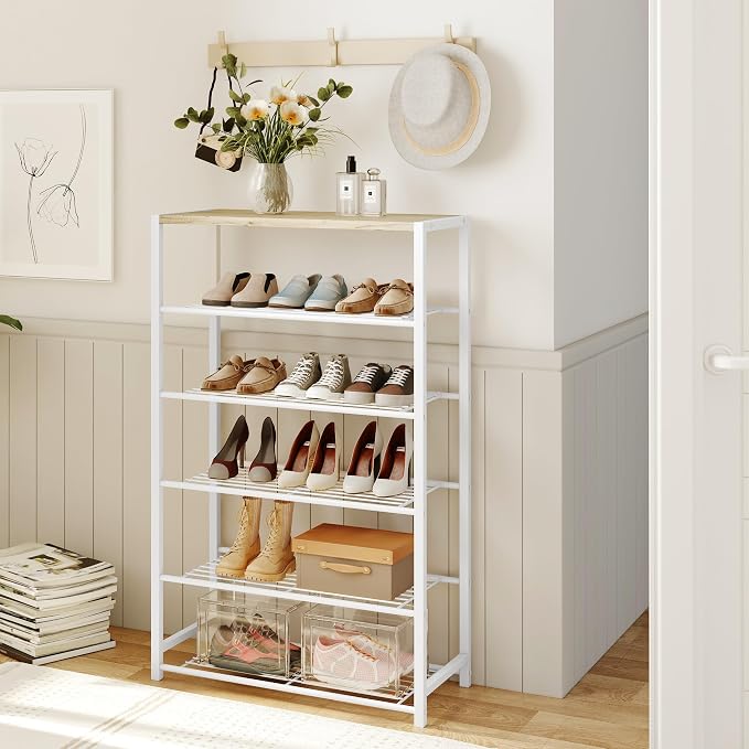 Yusong Shoe Rack Organizer, 6 Tier Industrial Shoe Storage Shelf, Narrow Sturdy Metal Shoe Shelves for Closet Entryway, White