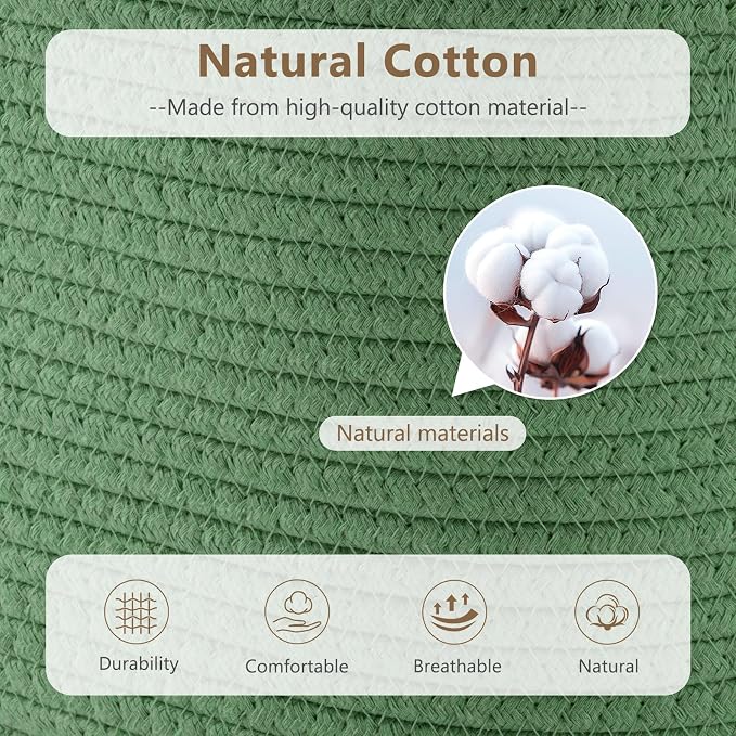 ECDYQXVU 15x10x9 Woven Cotton Rope Storage Basket, Leather Handles 1 Pack | Foldable Design, Sturdy PU Handles, Easy to Clean Organizer for Living Room, Closet, Shelves, Bedroom, Laundry, Clothes