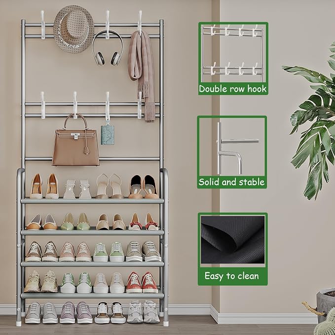 Coat Rack Shoe Rack With Storage Shelf Freestanding with 8 Hooks for Entryway Bedroom Closet 4 Tier, Grey
