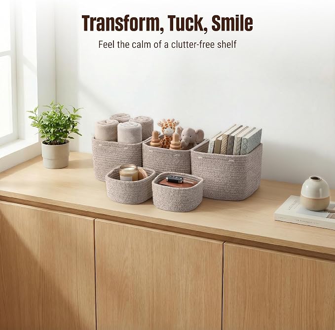5-Pack Storage Cubes Woven Rope Baskets, 2 Sizes Organizer Bins | Ideal for Closet, Shelf, Bookshelf, Nursery, Changing Table, Cube Storage Bins, Storage Baskets for Bathroom Toy & Home