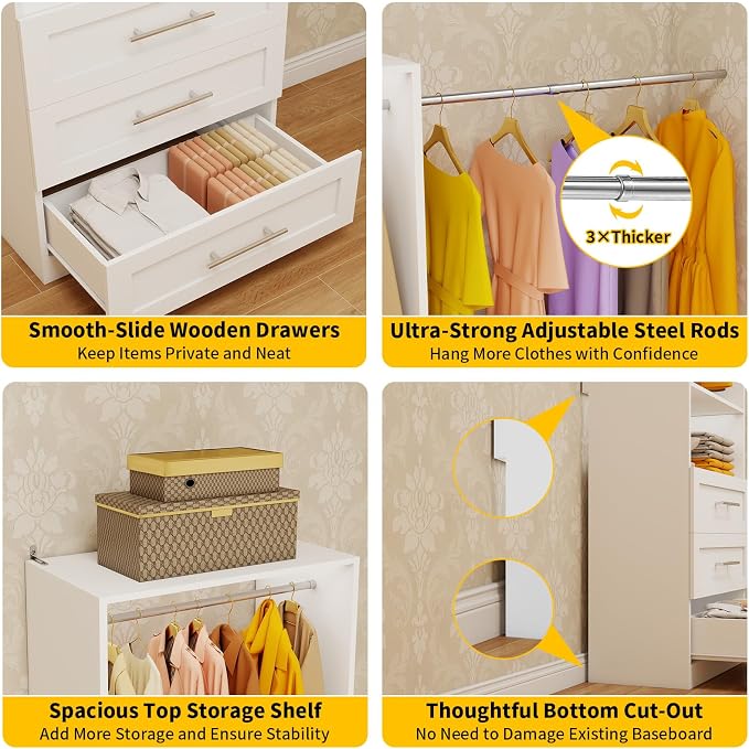 Closet System with 9 Drawers, 6-15FT Closet Systems for Walk in Closets with 6 Expandable Rods & 3 Shelves, Wood Custom Modular Closet Organizer Storage System Shelving Kit, 3 Sets, White