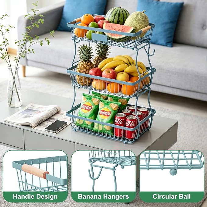 3 Tier Fruit Basket with 2 Banana Hangers, Mesh Basket Fruits Stand Produce Holder Organizer for Onion Potato Bread Snack Veggie Blue