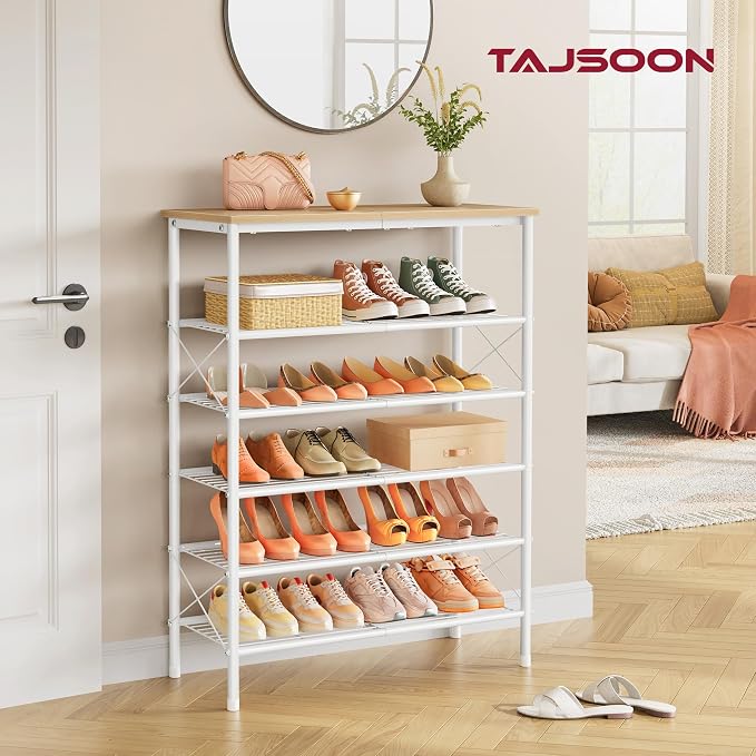 Tajsoon 6 Tier Shoe Rack Organizer for 20-24 Pairs of Shoes, Metal Mesh Shoe Shelf for Closet, Industrial Shoe Rack for Entryway Shoe Storage with X Shape Fixed Frame, White Log
