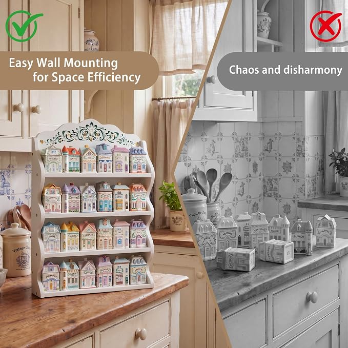Leinuosen Vintage Spice Jar Wooden Rack with 4 Shelves and Drawer Hanging Spice Rack Wall Mounting Kitchen Storage Village Style Display Shelf for 24 Jars Shelf Only 20.47 x 14.57 x 3.15 Inches