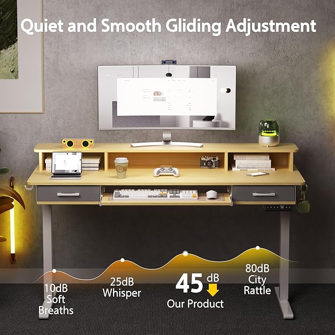 WALKINGDESK 63 Inches Electric Standing Desk with Keyboard Tray, Height Adjustable Sit to Stand Table with 2 Drawers, Ergonomic Home Office Desk with Storage Shelf, Computer Table, Oak