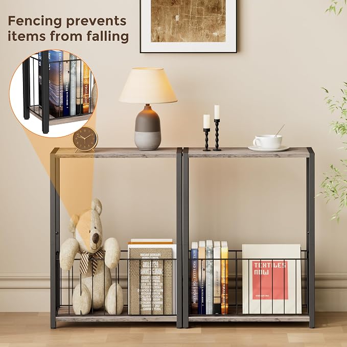 Homleke Narrow Side Tables Set of 2 with Magazine Holder, Skinny End Tables | Space-Saving Design, Small Spaces, Storage Shelf, Metal Frame, Easy Assembly, 7.1" D x 16.9" W x 23.6" H, Greige