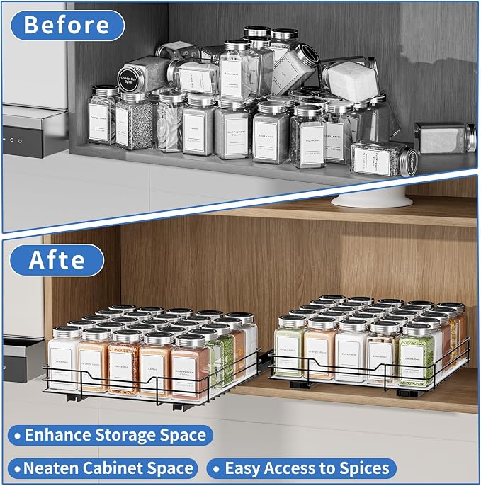 BOIVSHI Pull Out Spice Rack, Slide Out Spice Rack for Cabinet, Spice Organizer for Kitchen and Pantry, Fits Spices, Sauces, Canned Food (10.5''Wx10.5''Dx2.5''H)